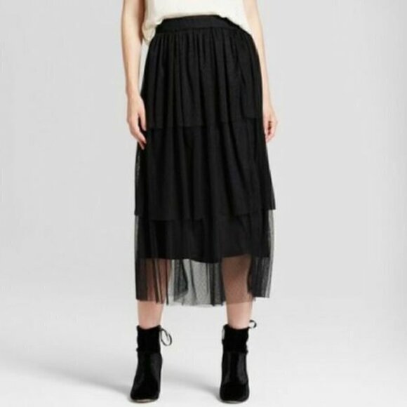 Who What Wear Black Polka Dot Tulle Tiered Ruffle Midi Skirt - Picture 1 of 6